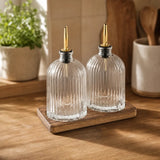 2pk 16.9oz Fluted Glass Cruets w/ Acacia Base - Gold