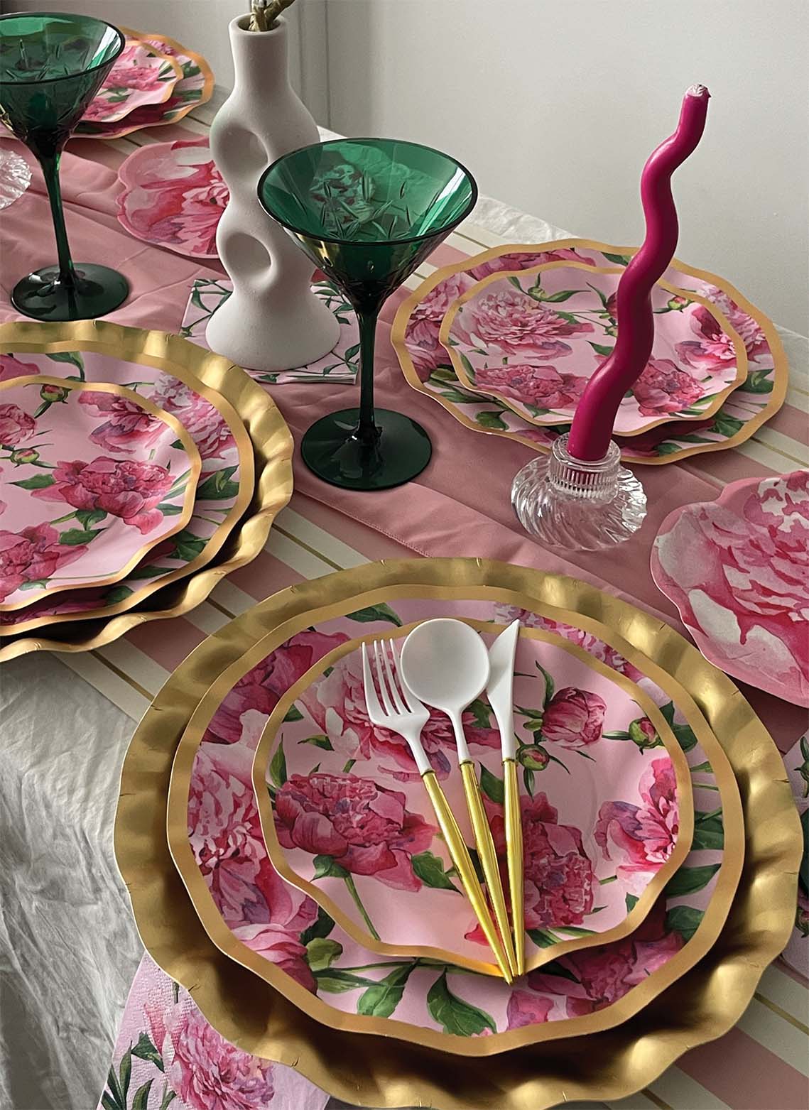 Wavy Salad Plate Pink Peonies 8"
