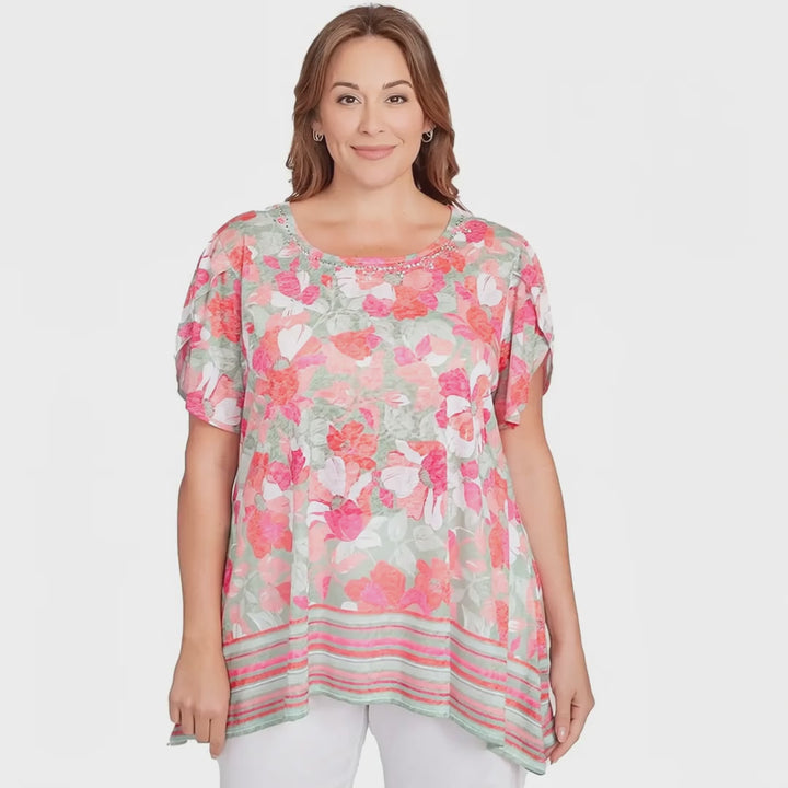 Plus  Floral Striped Border Flutter Sleeve Tee Bayleaf  Multi - Ruby Rd