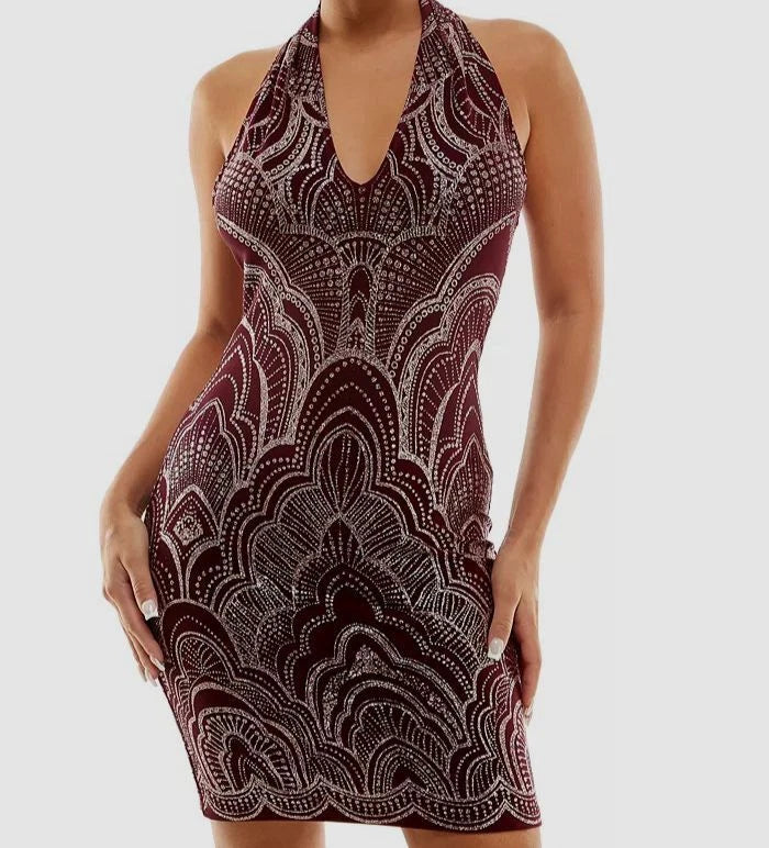 Vestido Halter con Brillantina Vino/Dorado - Saltado