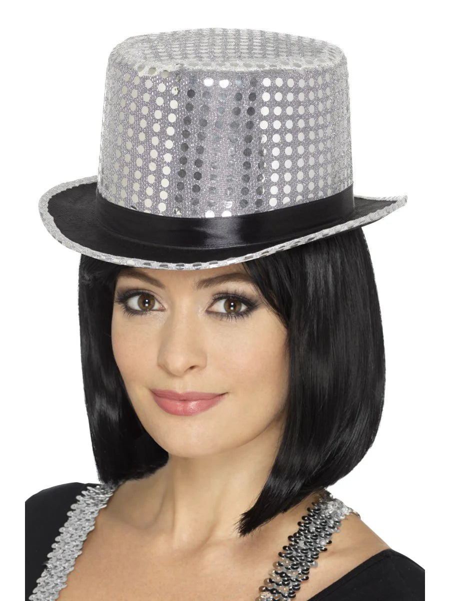 Sombrero de copa con lentejuelas, plateado