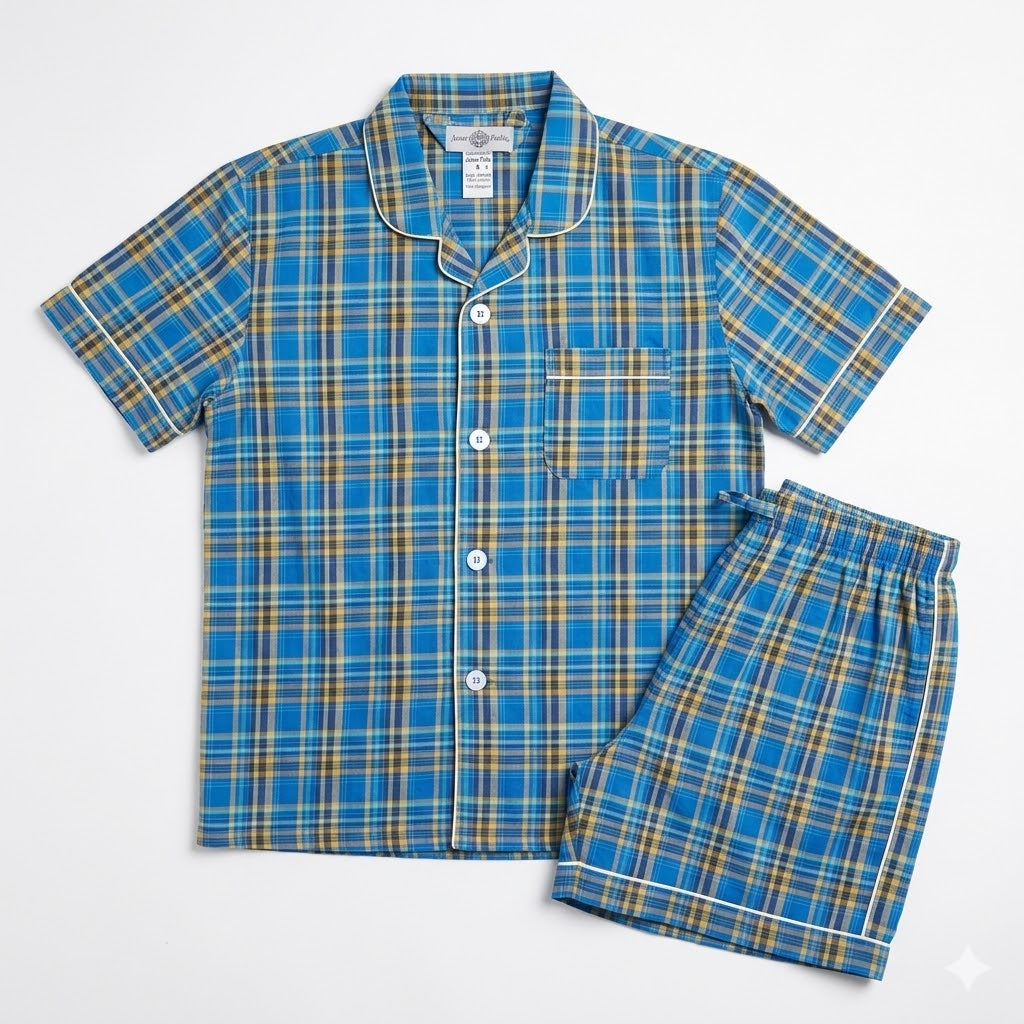 Pijama de hombre de manga corta con pantalón corto, azul/amarillo multicolor