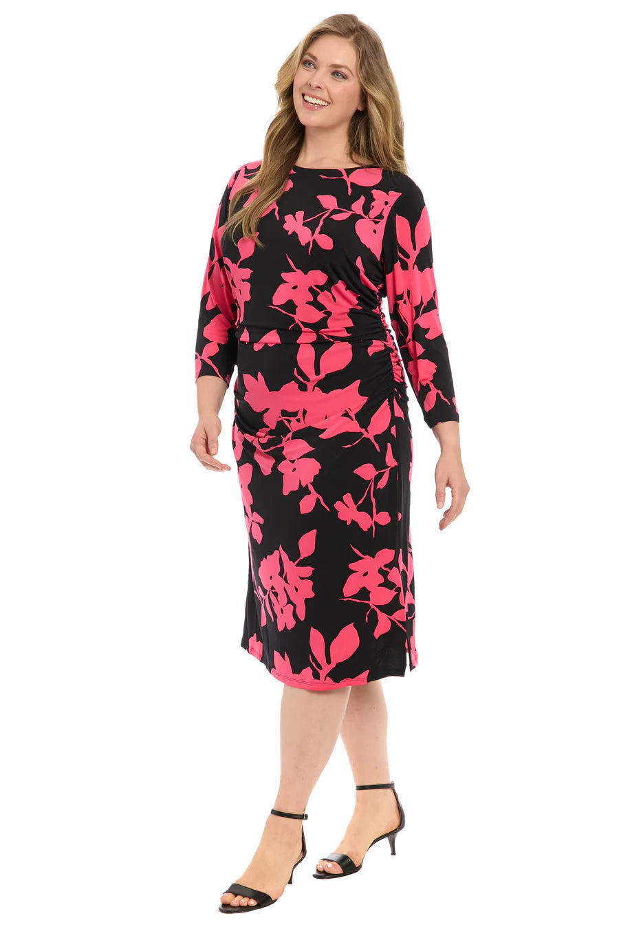 Vestido midi fruncido elegante negro-baya (talla grande) - London Times