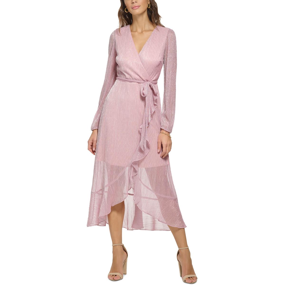 Vestido Metálico Cruzado Manga Larga Rosa - Kensie