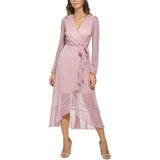 Vestido Metálico Cruzado Manga Larga Rosa - Kensie