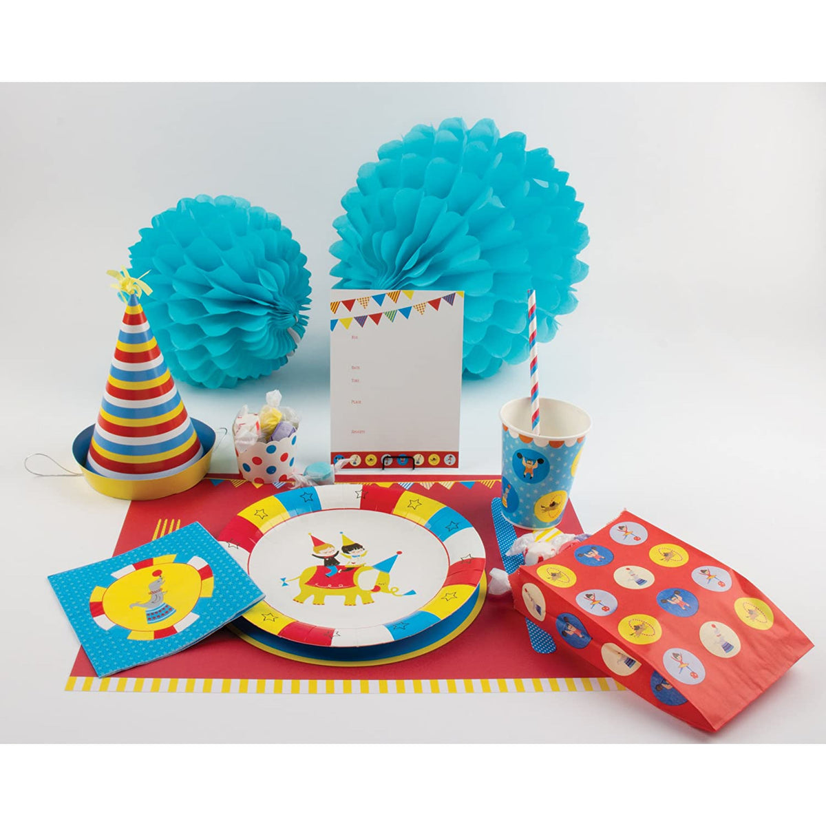 Manteles individuales retro con temática de circo de carpa grande azules/rojos