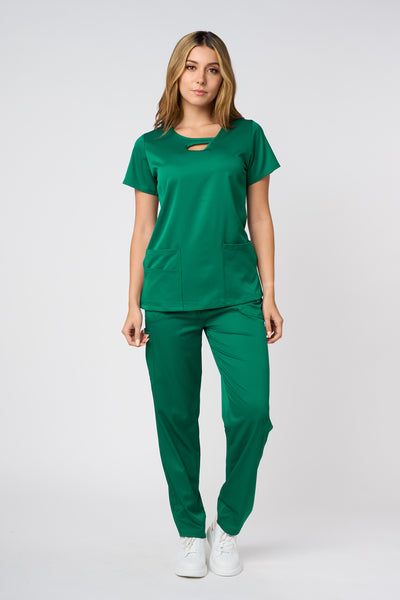 CONJUNTO DE UNIFORME MÉDICO COLOR VERDE CAZADOR SÓLIDO ELÁSTICO EN 4 DIRECCIONES CON CUELLO TIPO OJAL