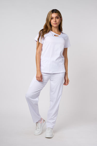 CONJUNTO DE UNIFORME MÉDICO BLANCO CON CUELLO HENDIDO DE ESTIRAMIENTO EN CUATRO DIRECCIONES