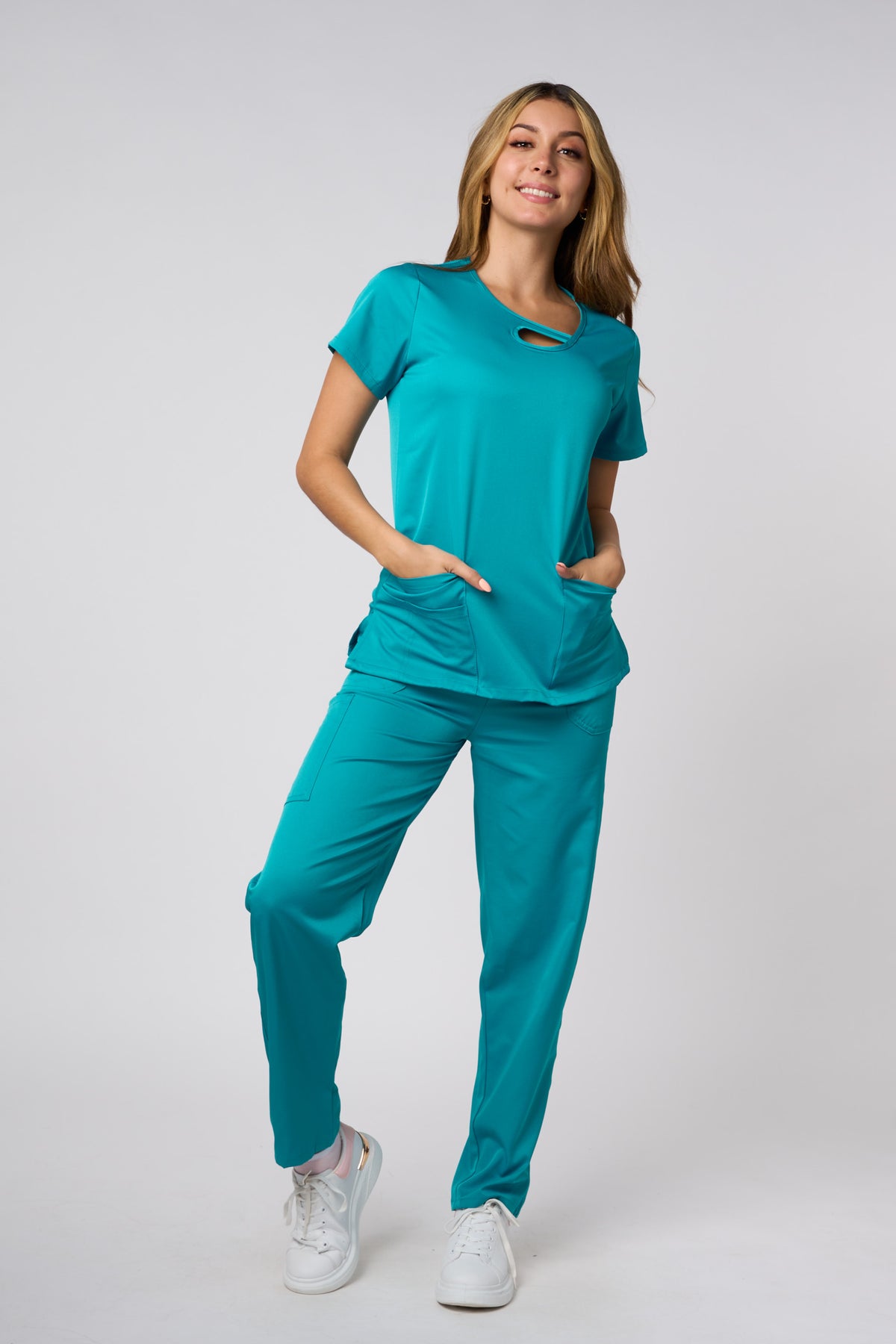 SOLID 4 WAY STRETCH KEYHOLE NECK SCRUB SET TEAL
