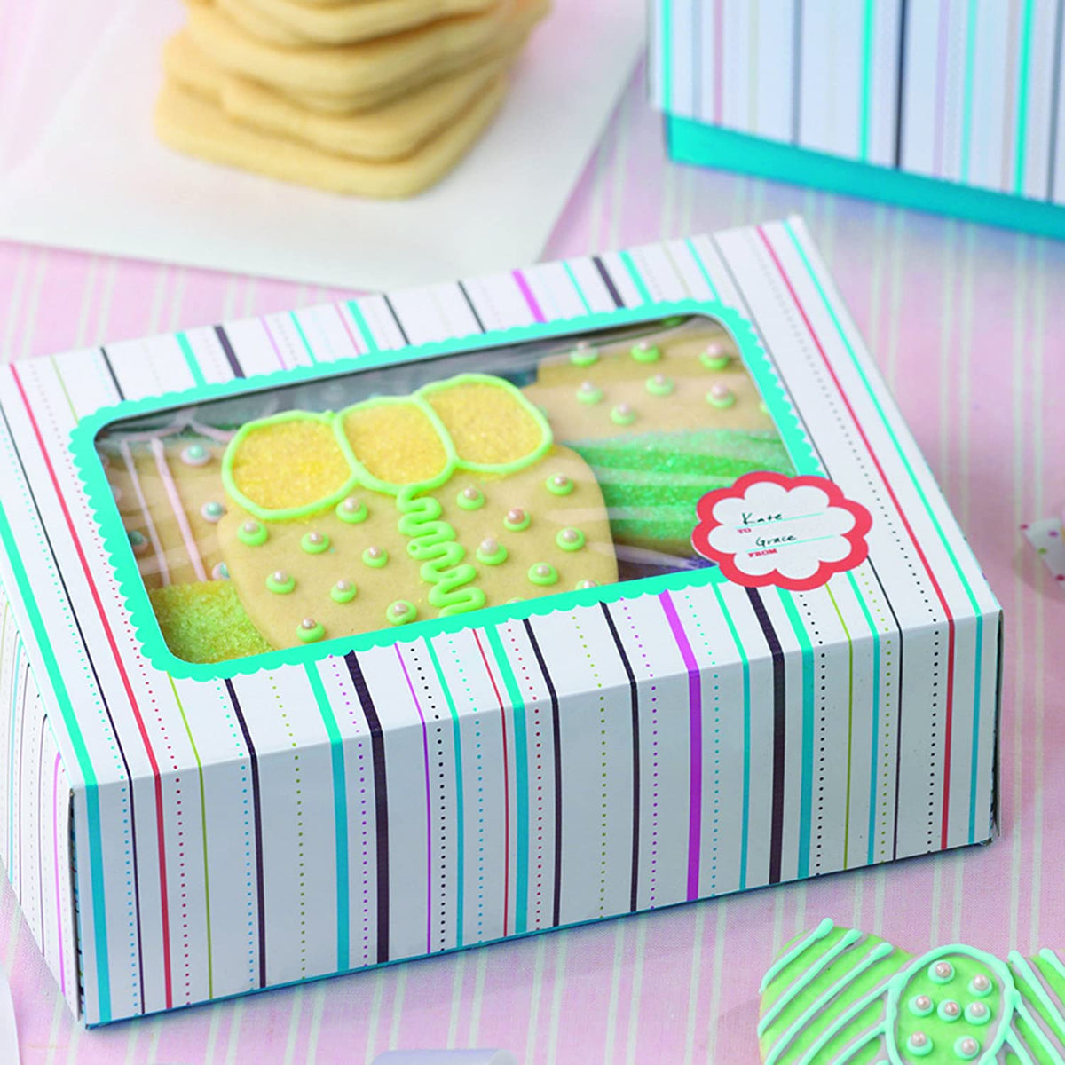 Cajas de galletas de rayas coloridas, grandes, multicolor, paquete de 2