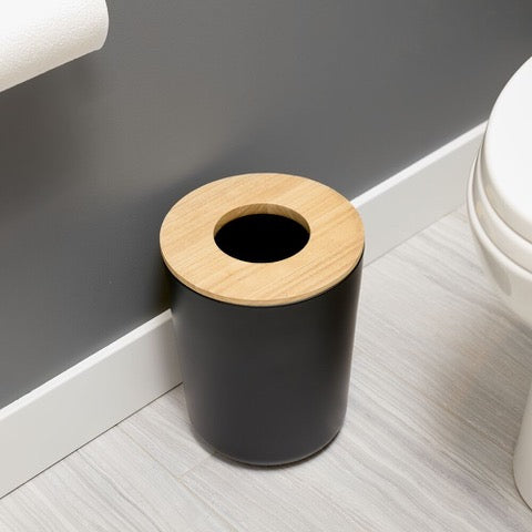BOTE DE BASURA DE ACERO VANITY NEGRO MATE CON TAPA DE MADERA
