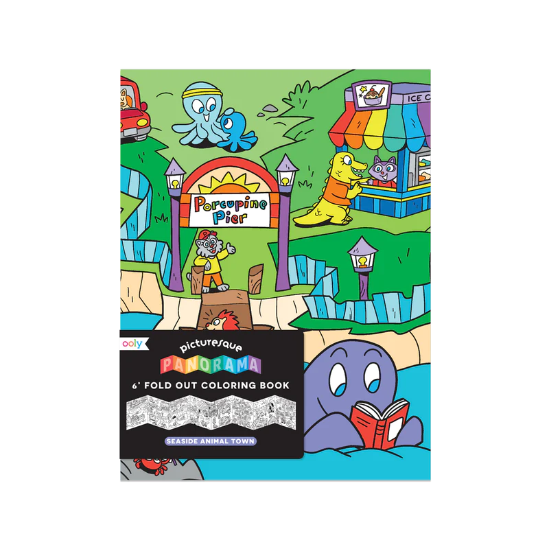 Libro para colorear: Panorama pintoresco de un pueblo costero con animales