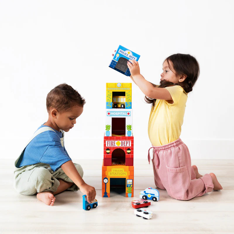 juego de coches y juguetes de cartón apilables y anidables - ciudad ajetreada