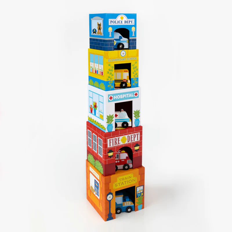 juego de coches y juguetes de cartón apilables y anidables - ciudad ajetreada