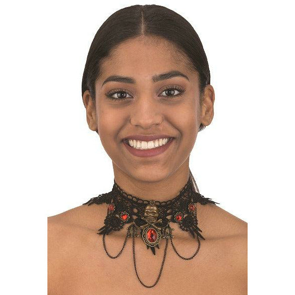BLACK LACE CHOKER W/SKULLS