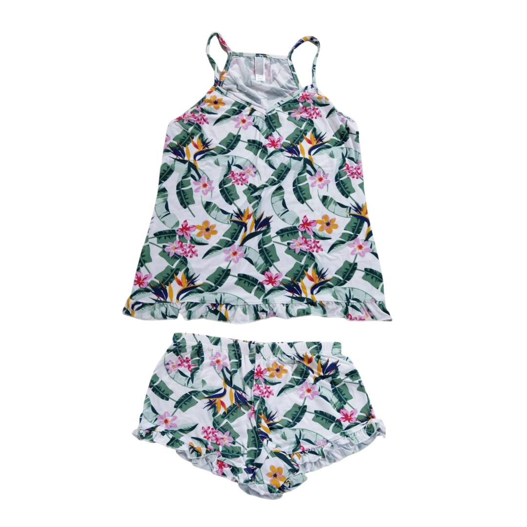 White pajama with green multicolored flowers