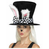Sombrero de copa de liebre de marzo para fiesta del té en blanco y negro