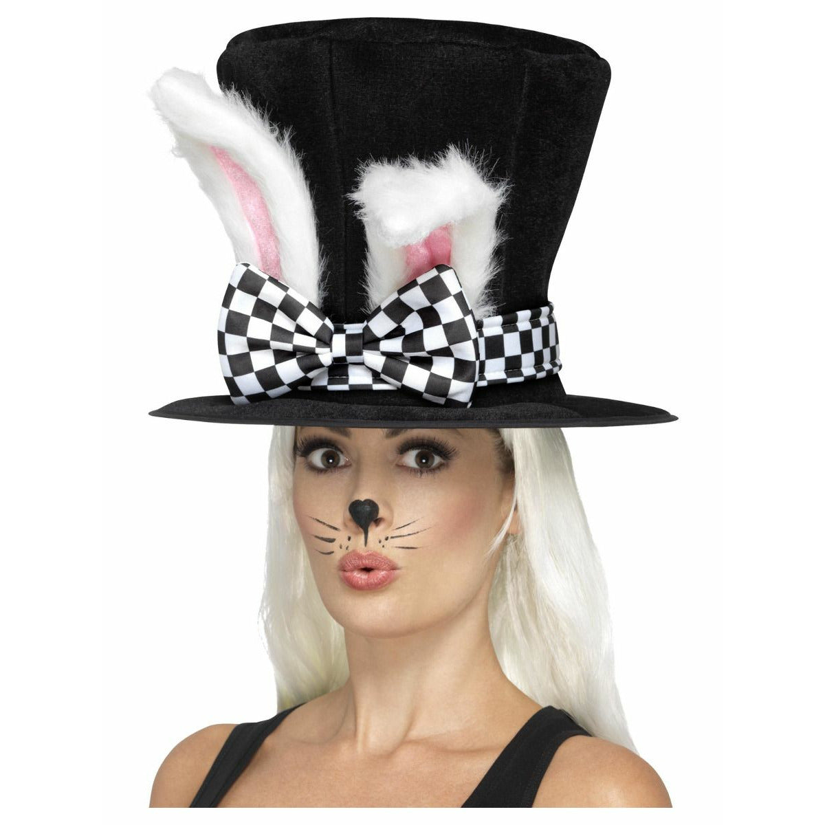 Sombrero de copa de liebre de marzo para fiesta del té en blanco y negro