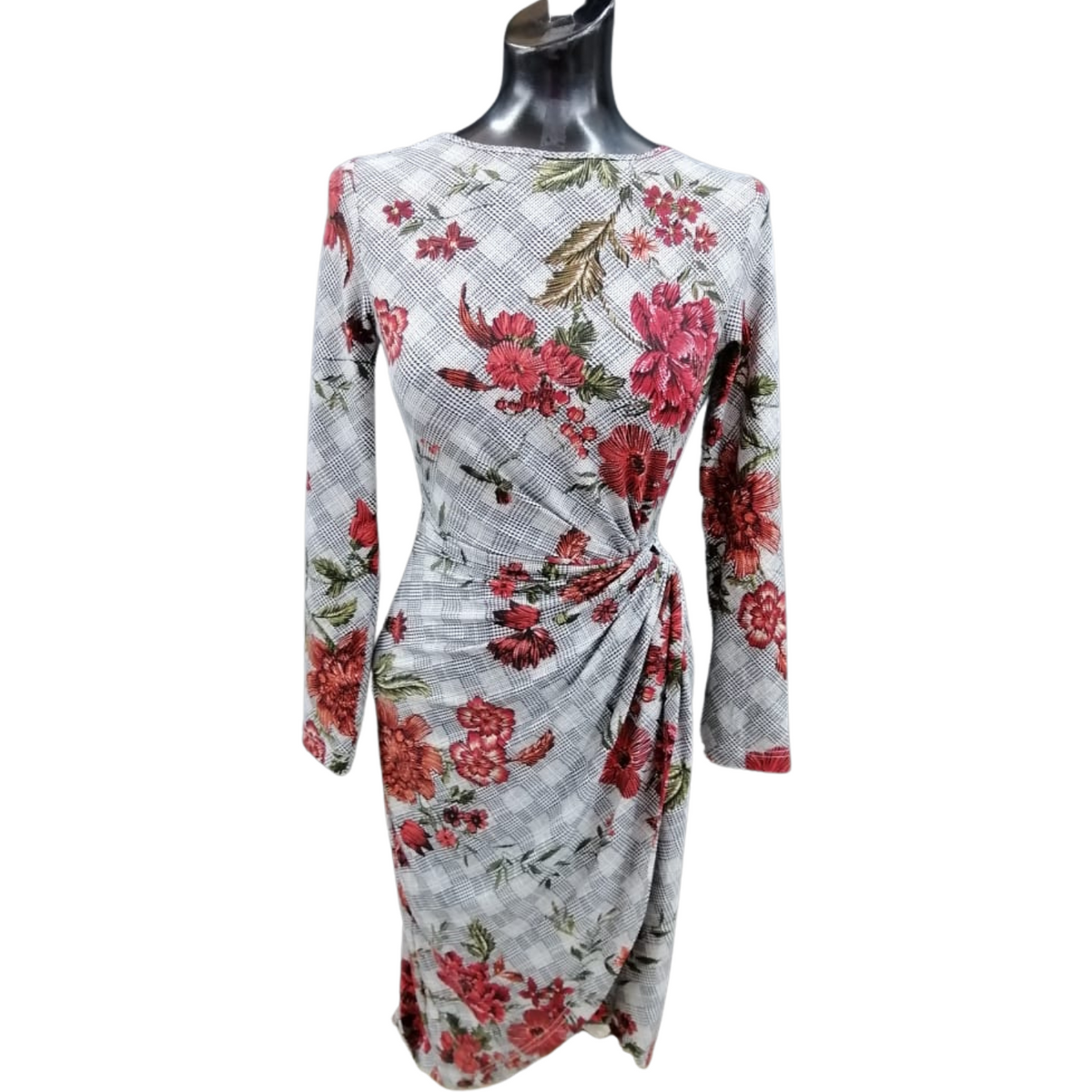 Vestido de punto con estampado pata de gallo rojo