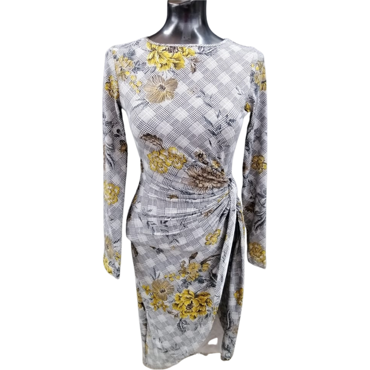 Vestido de punto estampado pata de gallo amarillo