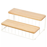 Organizador de latas de 2 niveles de alambre y madera de paulonia coco/natural