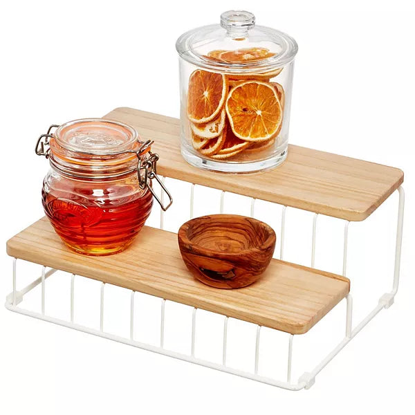 Organizador de latas de 2 niveles de alambre y madera de paulonia coco/natural