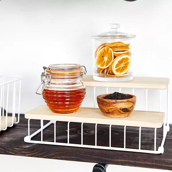 Organizador de latas de 2 niveles de alambre y madera de paulonia coco/natural