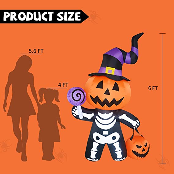 Calabaza Inflable de 6 FT de Alto con Cuerpo de Calavera
