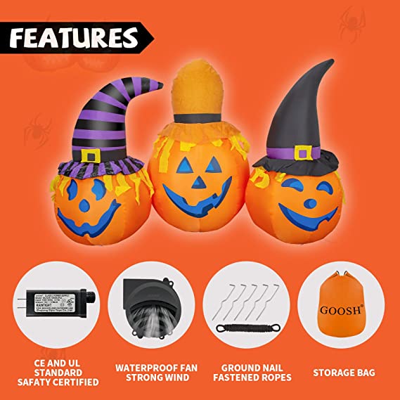 Hinchables de Halloween de 6 pies para exterior con combinación de calabaza y sombrero de mago