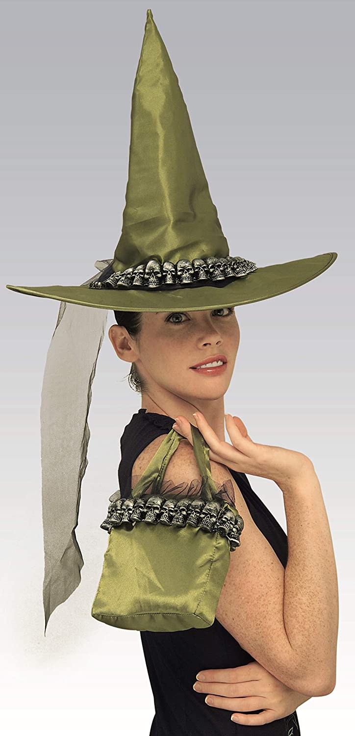 Sombrero de Bruja Calavera Verde con Bolso