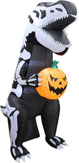 Dinosaurio esqueleto inflable de 6.5 FT con LEDs incorporados T-Rex sujetando una calabaza para Halloween