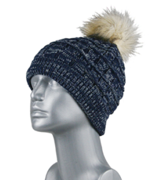 GORRO JASPEADO CON POMPÓN DE PELO - AZUL MARINO