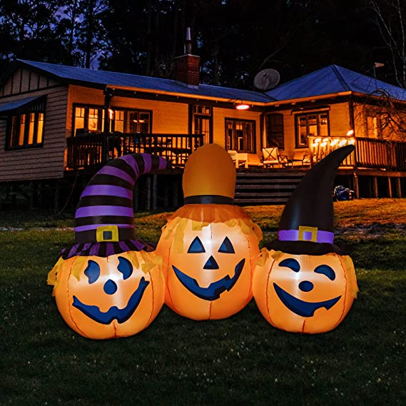 Hinchables de Halloween de 6 pies para exterior con combinación de calabaza y sombrero de mago