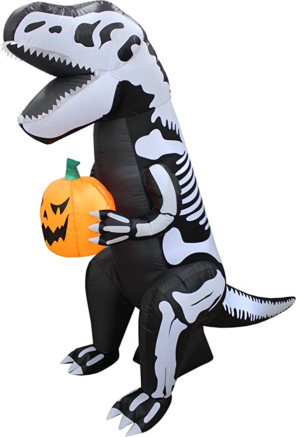 Dinosaurio esqueleto inflable de 6.5 FT con LEDs incorporados T-Rex sujetando una calabaza para Halloween