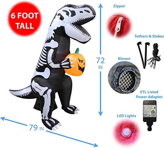 Dinosaurio esqueleto inflable de 6.5 FT con LEDs incorporados T-Rex sujetando una calabaza para Halloween