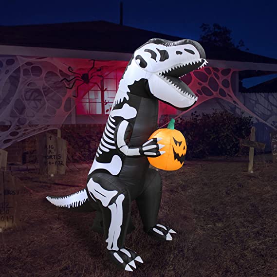 Dinosaurio esqueleto inflable de 6.5 FT con LEDs incorporados T-Rex sujetando una calabaza para Halloween