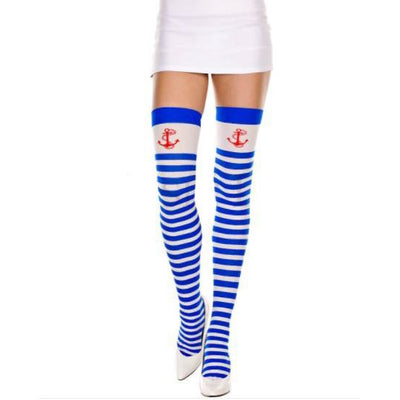 Medias opacas con estampado de anclas, rayas azules y blancas.
