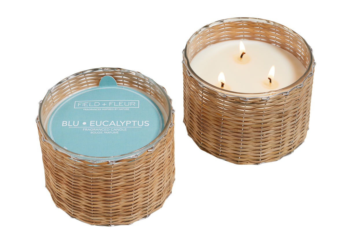VELA TEJIDA A MANO BLU EUCALYPTUS DE 3 MECHAS 21oz.
