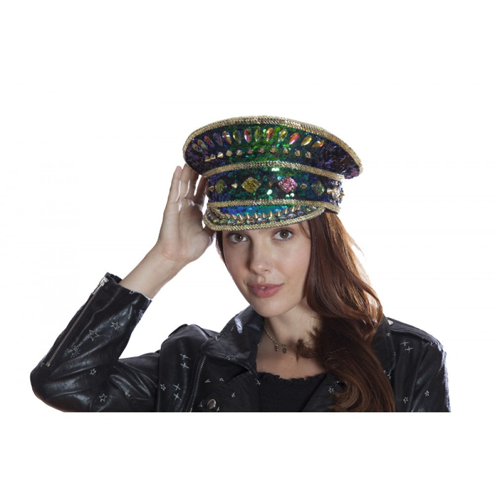 SOMBRERO IRIDISCENTE AZUL Y VERDE PARA FESTIVAL DE MÚSICA
