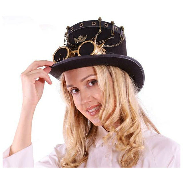 Sombrero de copa Steampunk con gafas y accesorio marrón