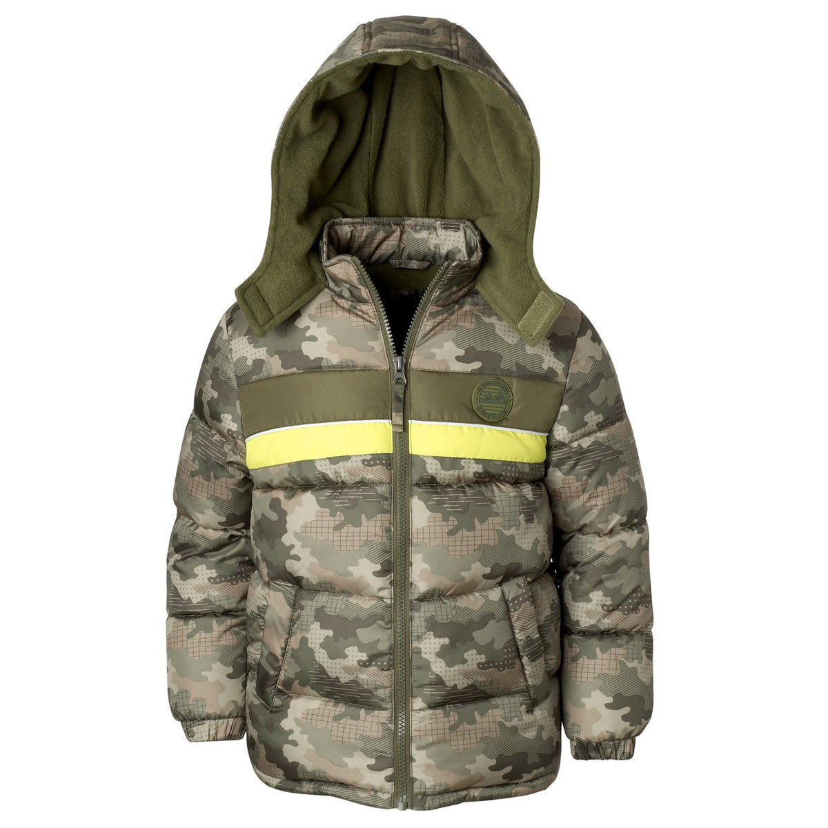 Chaqueta de plumón para niños con estampado de camuflaje y parche
