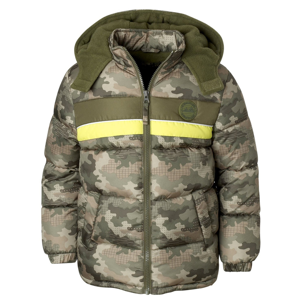 Chaqueta de plumón para niños con estampado de camuflaje y parche
