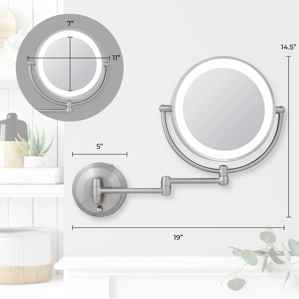 Espejo de pared LED 1X/10X en níquel pulido