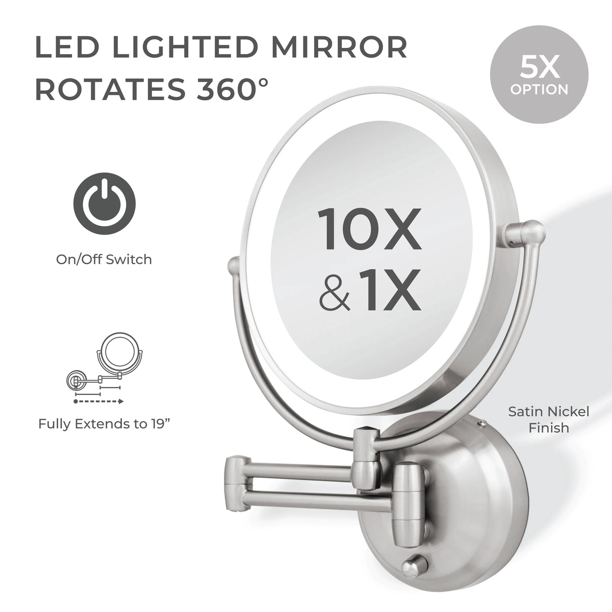 Espejo de pared LED 1X/10X en níquel pulido