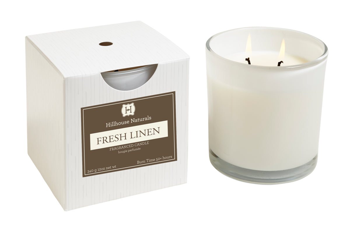 VELA DE LINO FRESCO CON 2 MECHAS EN VASO DE CRISTAL BLANCO 12oz