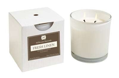 VELA DE LINO FRESCO CON 2 MECHAS EN VASO DE CRISTAL BLANCO 12oz
