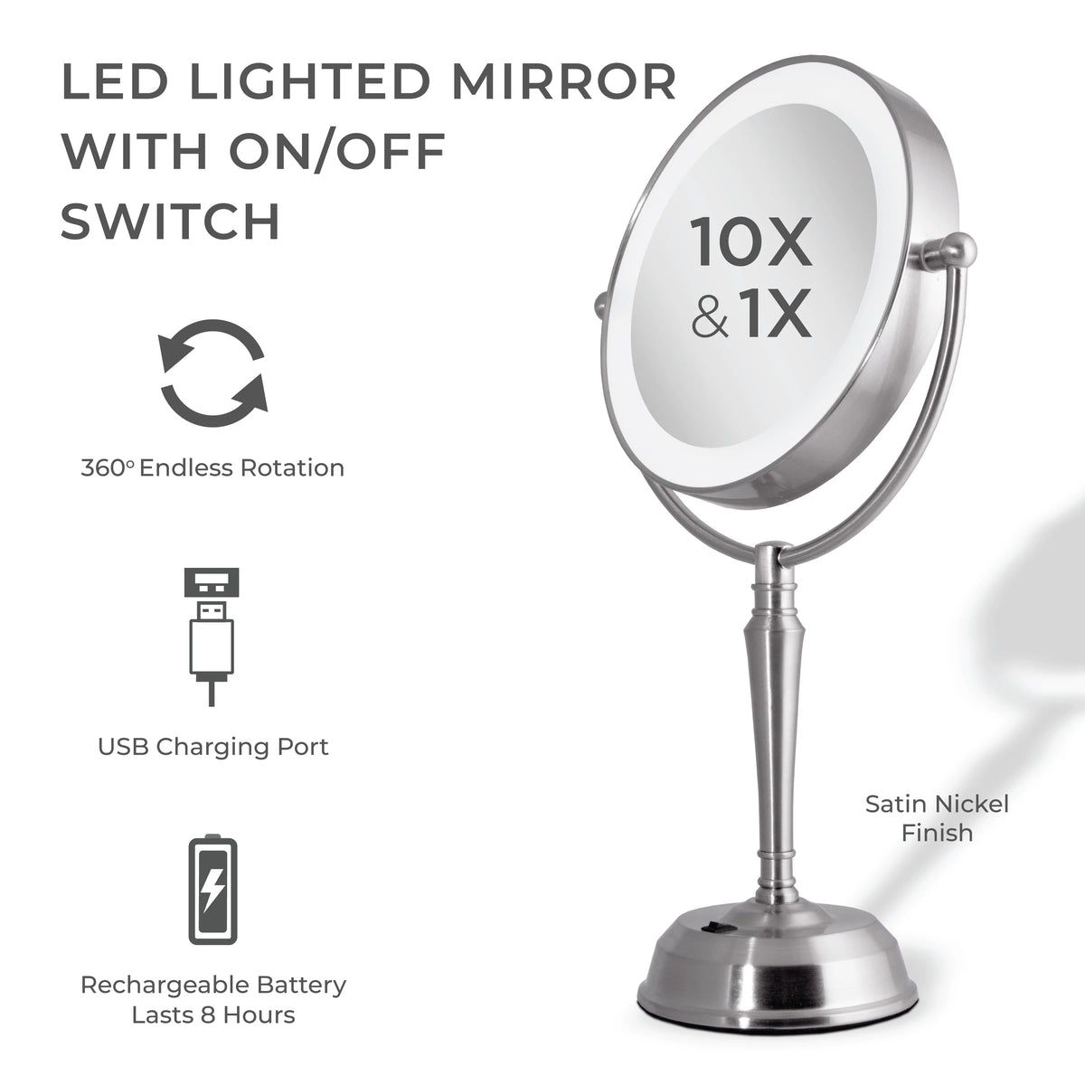 Espejo redondo LED giratorio de 11" con puerto de carga USB 10X/1X