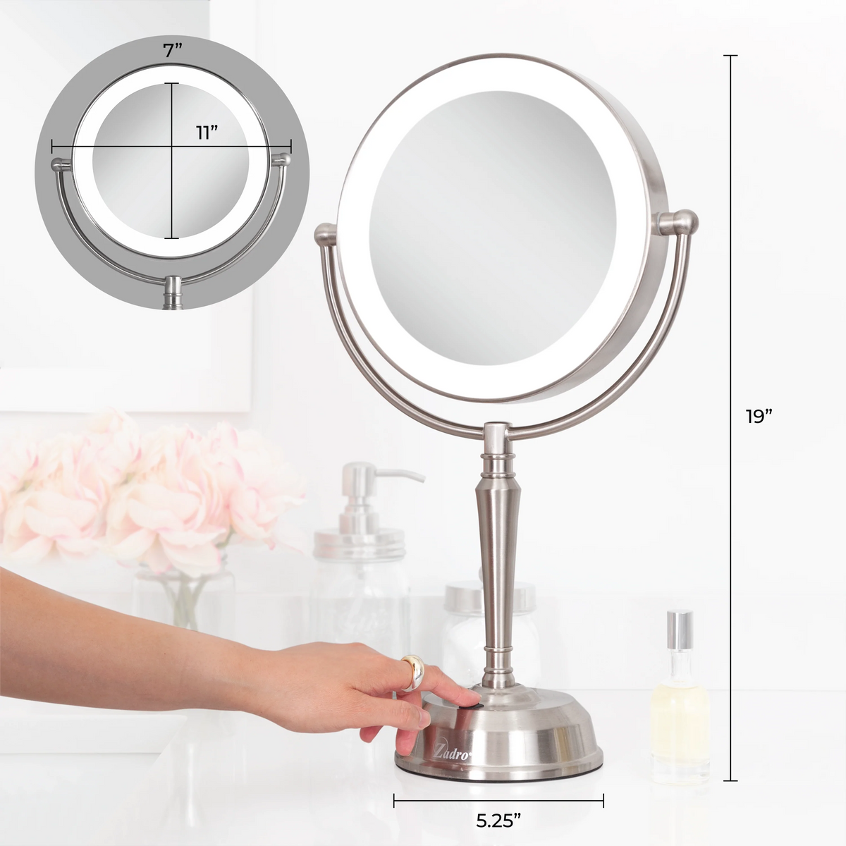 Espejo redondo LED giratorio de 11" con puerto de carga USB 10X/1X