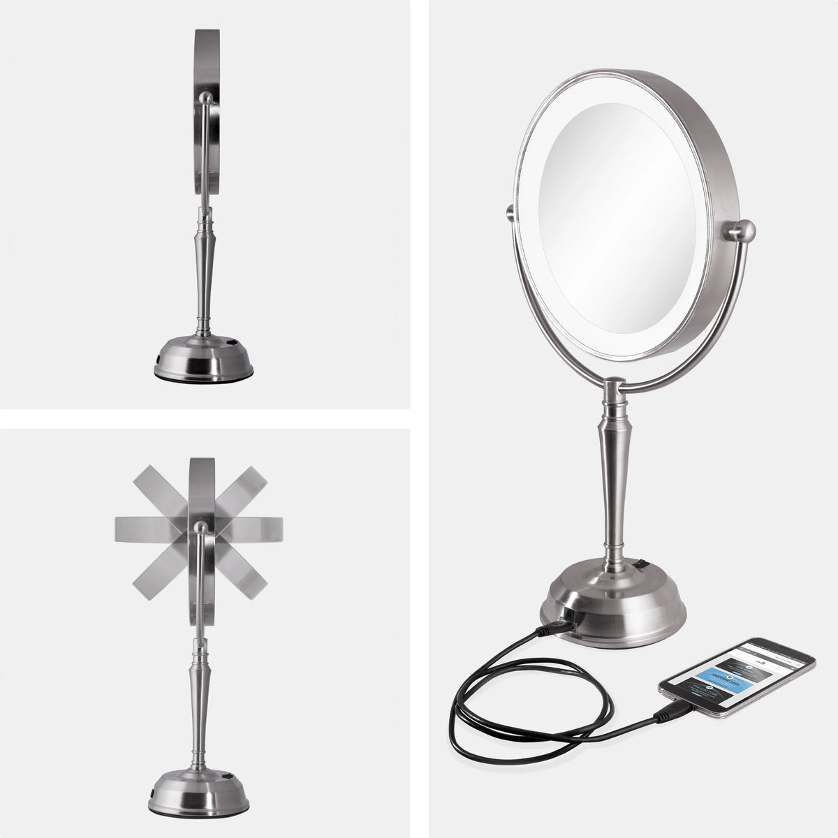 Espejo redondo LED giratorio de 11" con puerto de carga USB 10X/1X