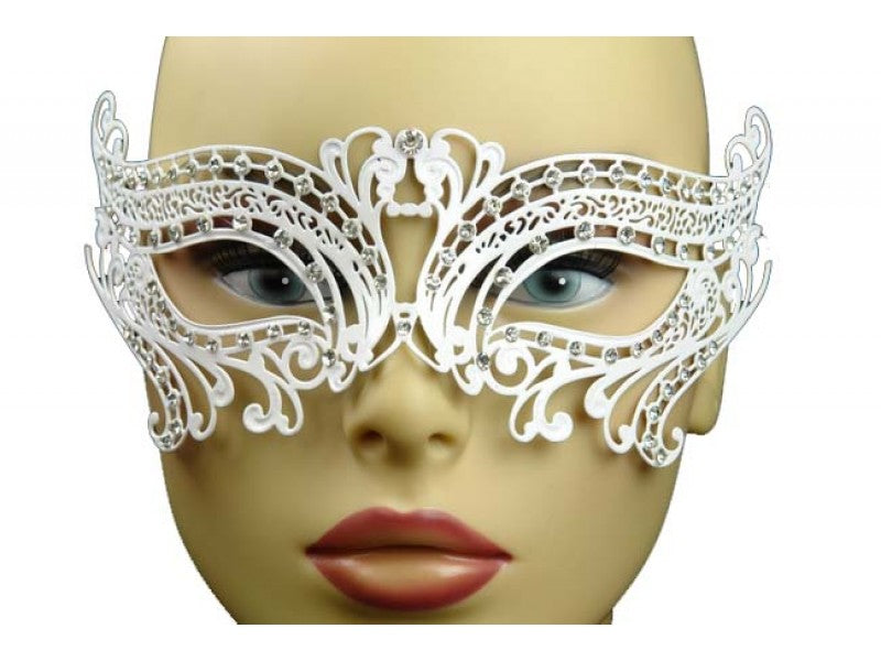 Máscara veneciana de metal cortada con láser con diamantes Blanca